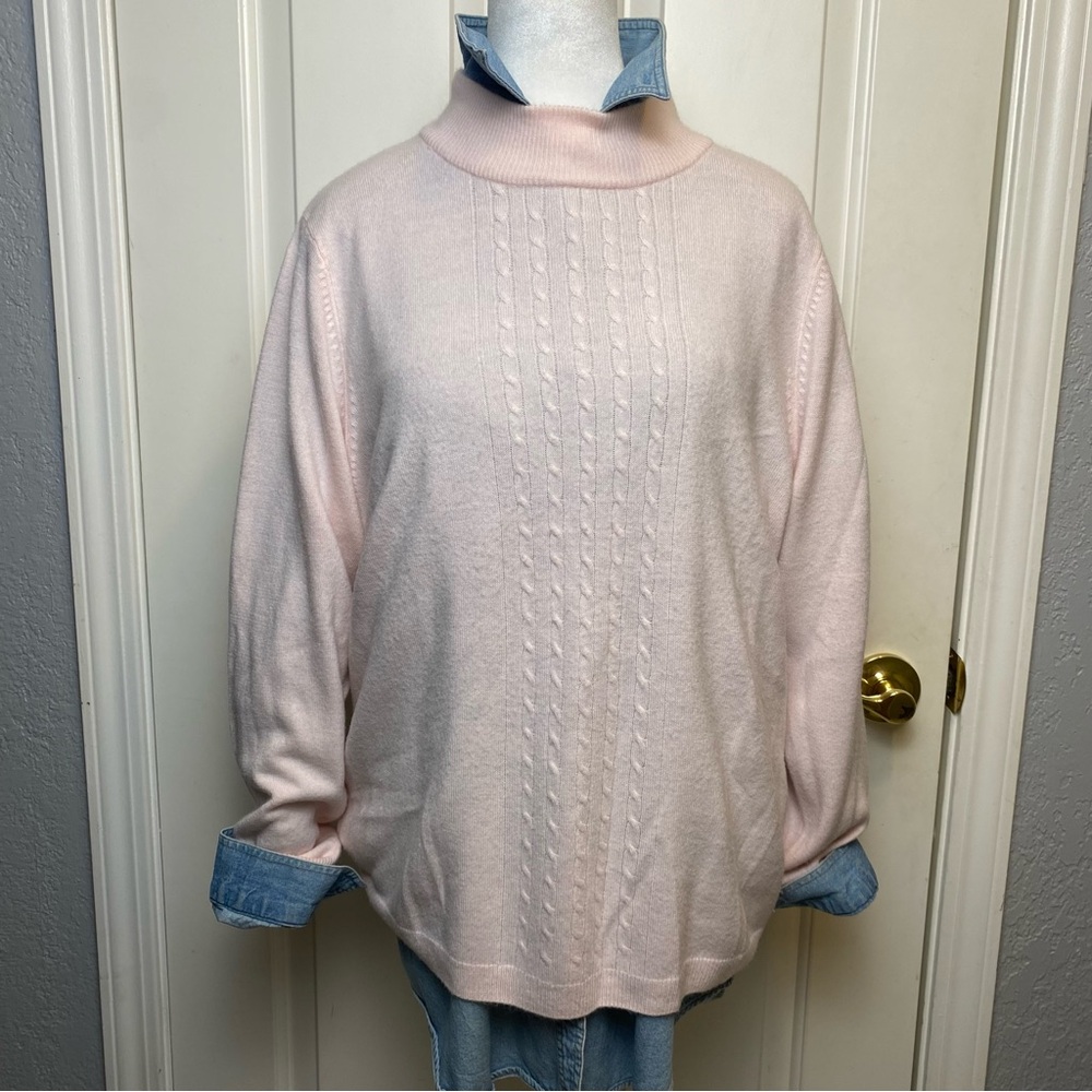 Vintage Allison Daley Pink cable knit mock neck soft demure preppy sweater L